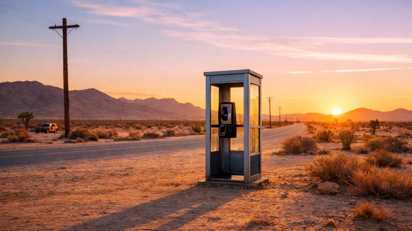 Осамена телефонска говорница во пустината Мојаве при зајдисонце