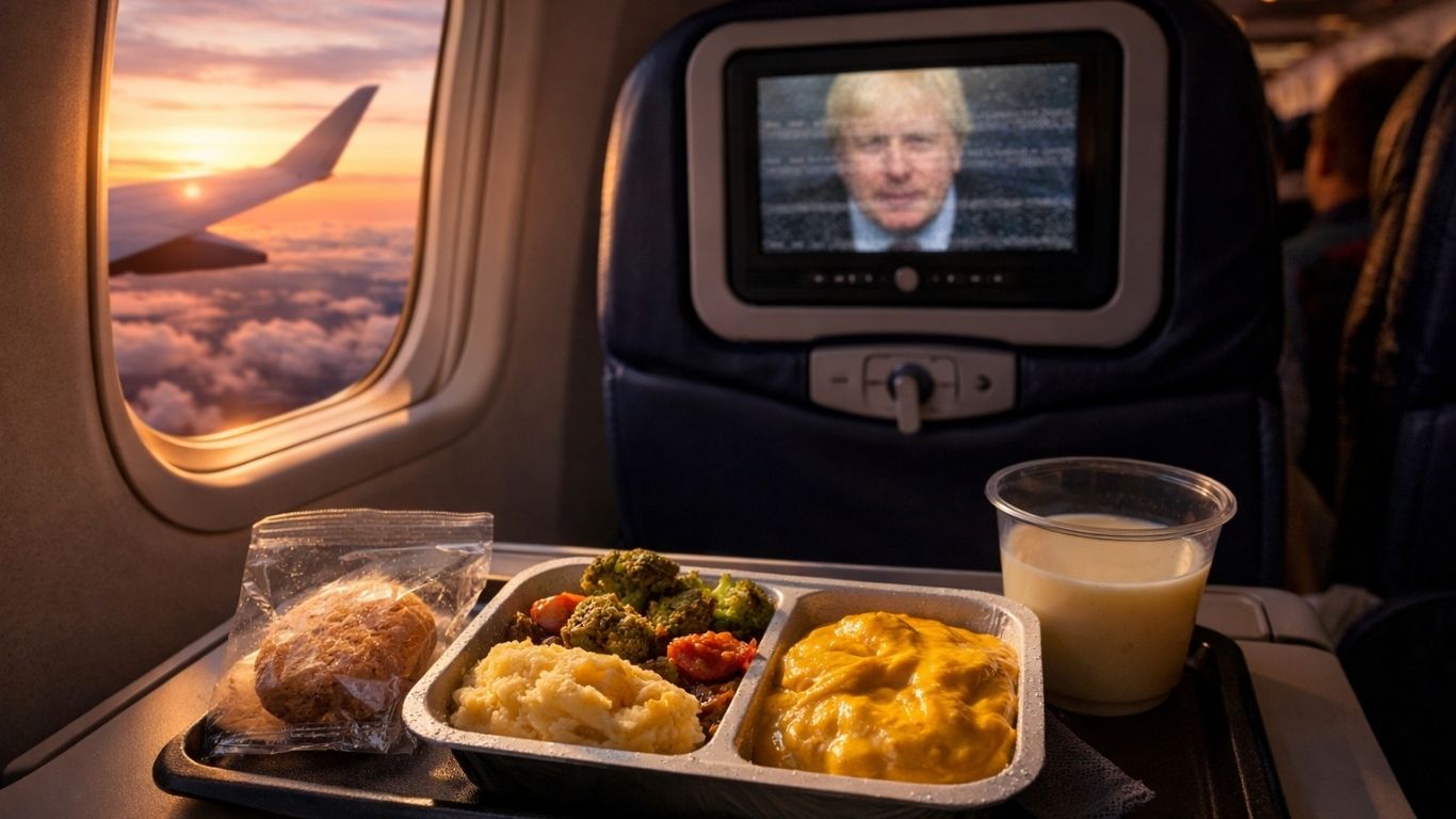 Патник во авион гледа необичен послужавник со храна - симболична сцена за саркастична туристичка поплака