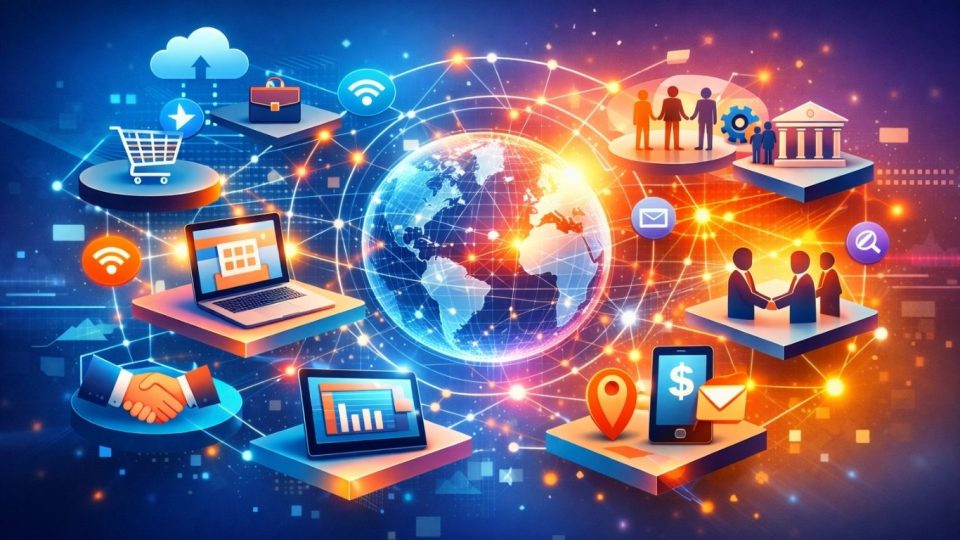 Концептуална визуелизација на дигитална економија и поврзани бизнис модели