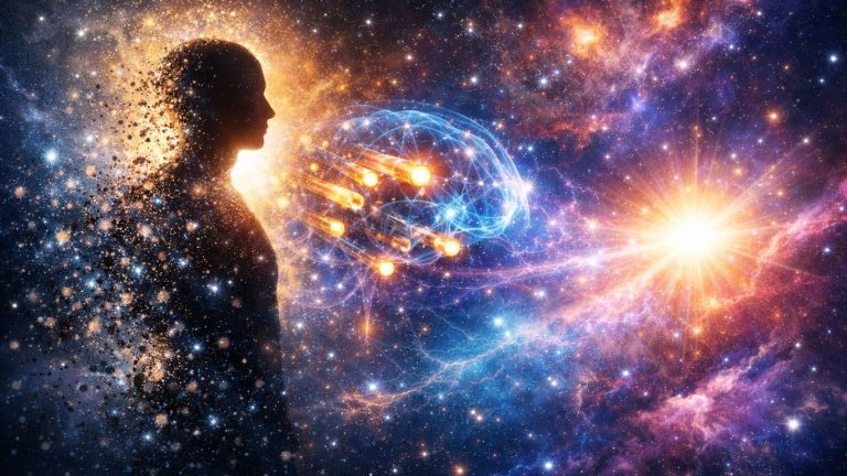 Концептуална илустрација на човечка свест што се распрснува во универзумот како светлосна енергија