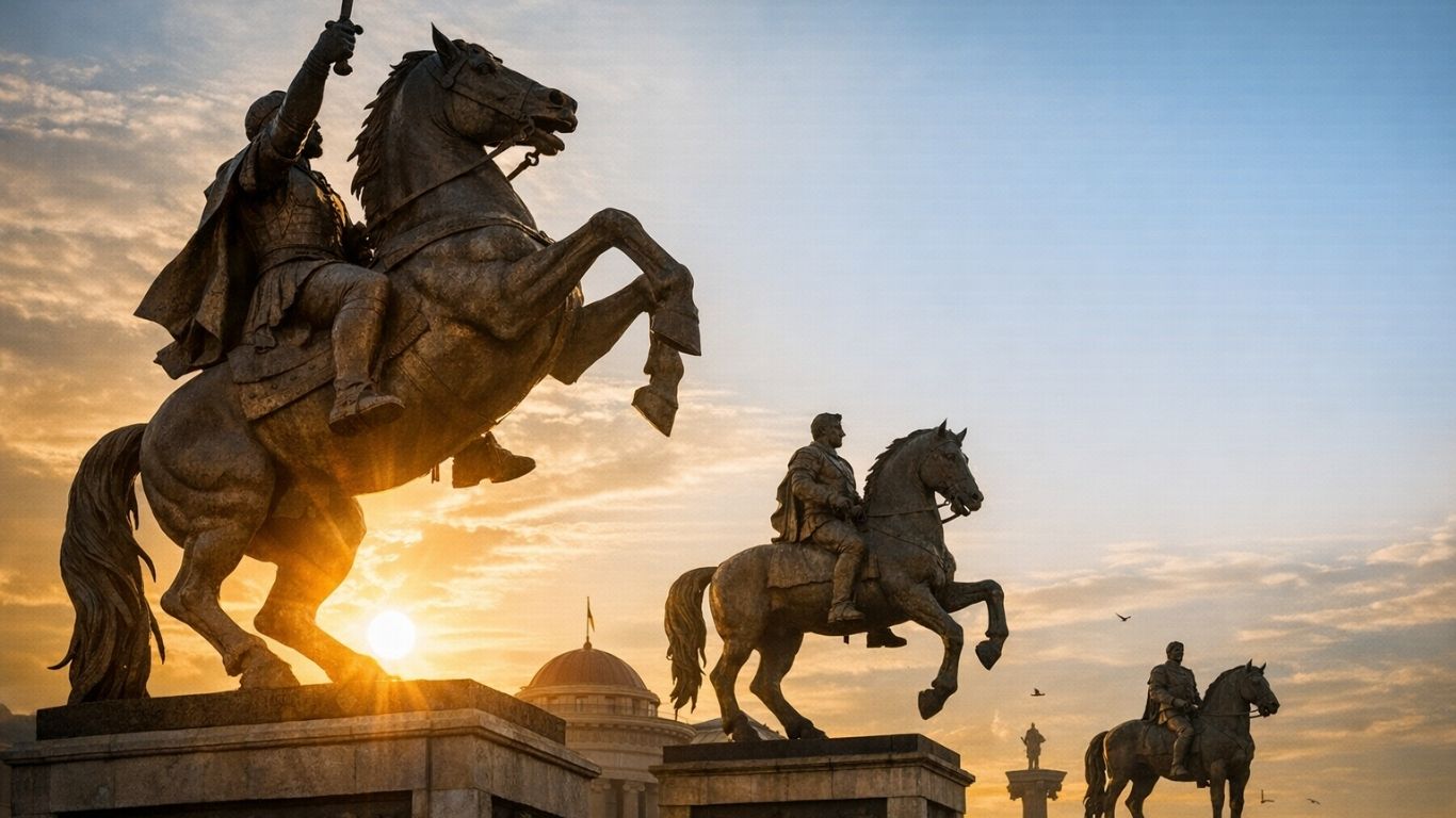 Коњанички статуи во драматична светлина како визуелна метафора за митови, историја и погрешно толкување