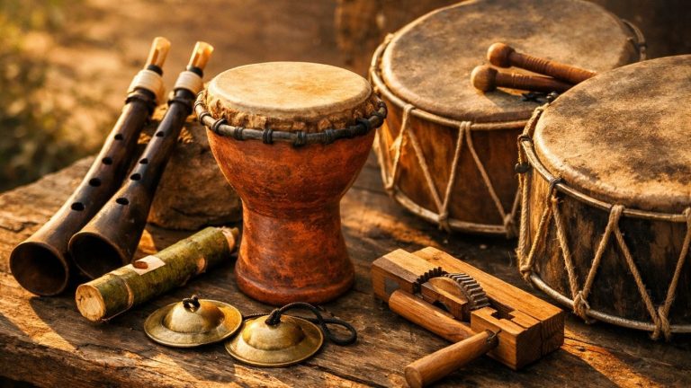 Традиционални македонски музички инструменти во уметничка композиција со топла светлина