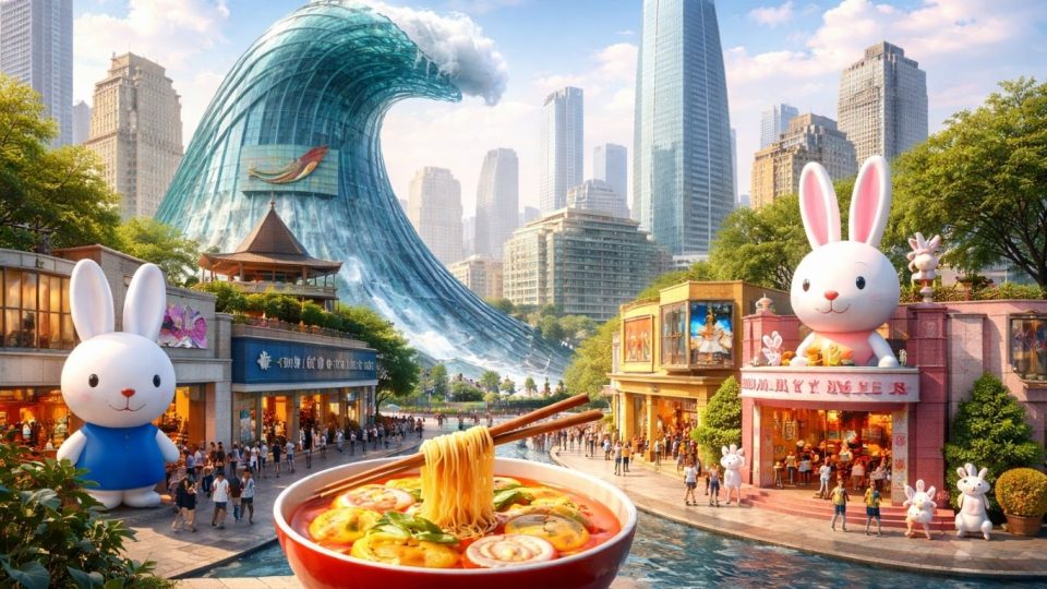 Концептуална уметничка илустрација на различни тематски музеи споени во еден симболичен градски пејзаж