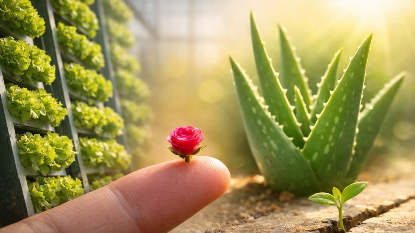 Концептуална композиција со вертикална градина, минијатурна роза и алое вера во свежи бои