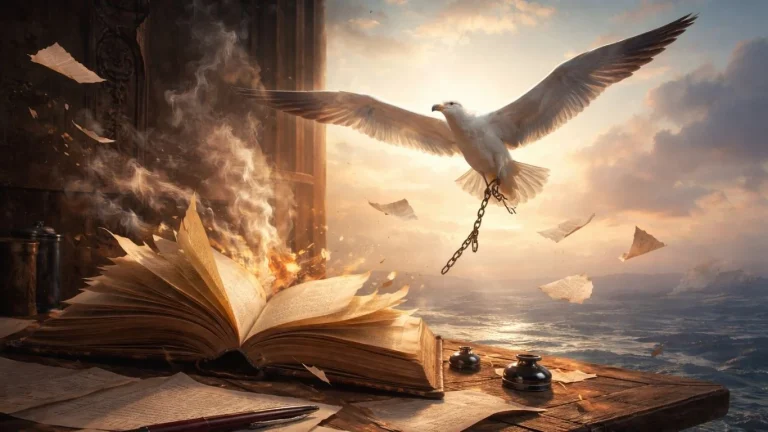Концептуална насловна слика инспирирана од Шарл Бодлер, отворена книга, лет на птица и атмосфера на слобода и судир со општеството