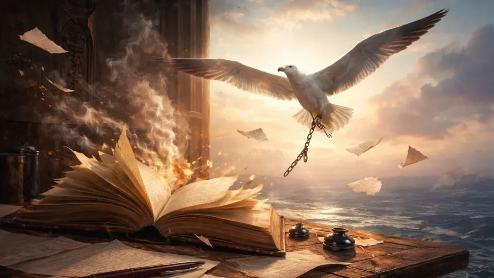 Концептуална насловна слика инспирирана од Шарл Бодлер, отворена книга, лет на птица и атмосфера на слобода и судир со општеството