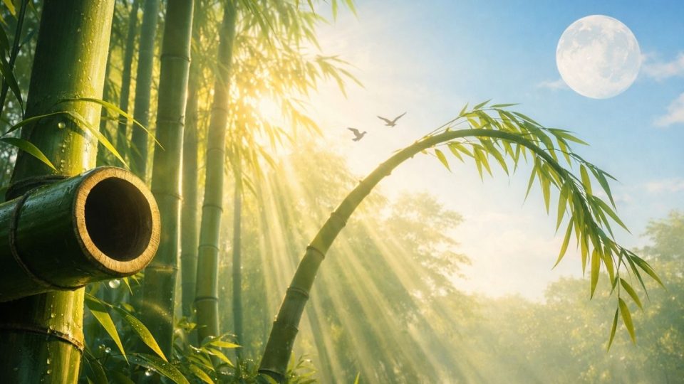 Концептуална слика од бамбус во светлина - симбол на трпение и сила