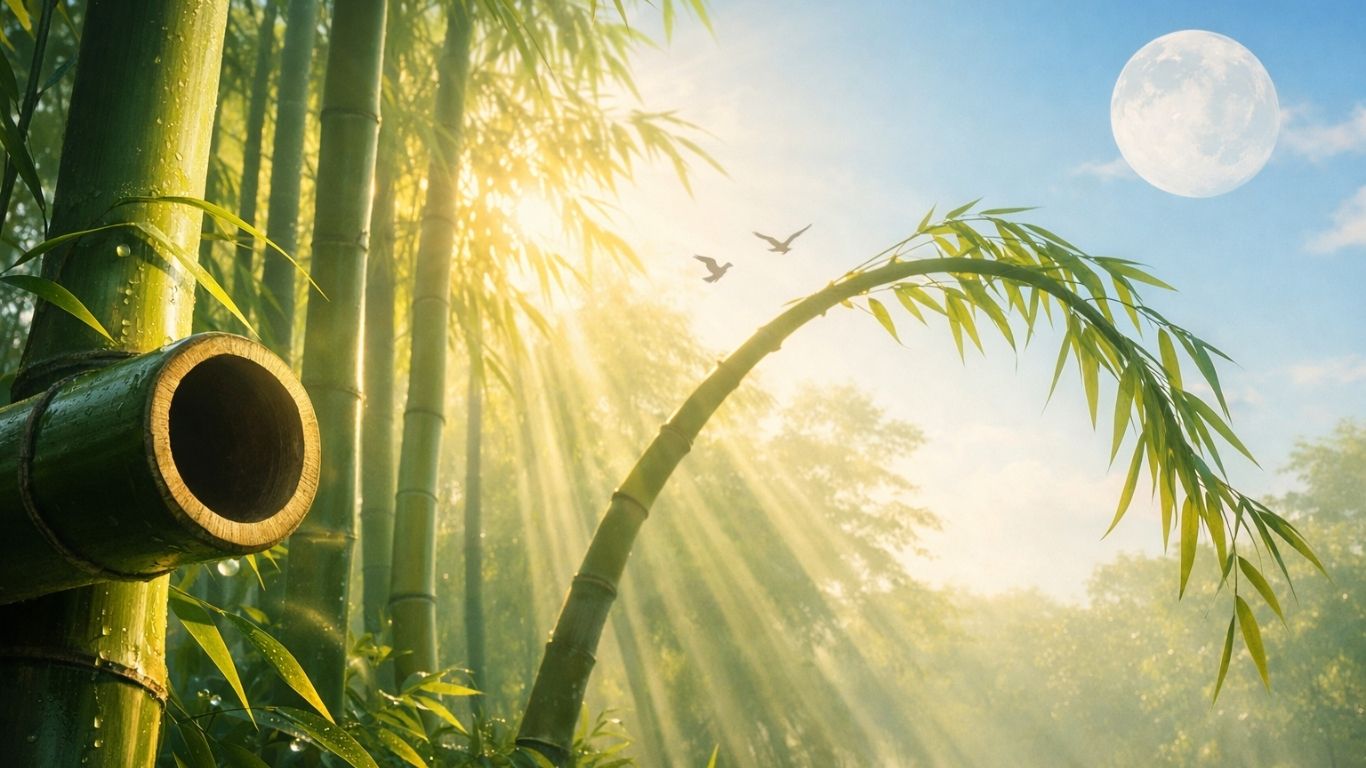 Концептуална слика од бамбус во светлина - симбол на трпение и сила
