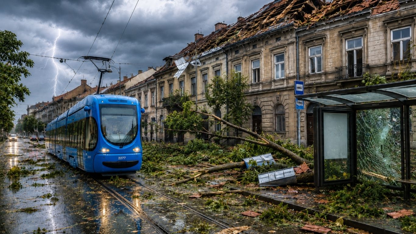 Загреб утрово го почувствува ударот на силен фронт: паднати дрвја, оштетени покриви и прекинат трамвајски сообраќај.
