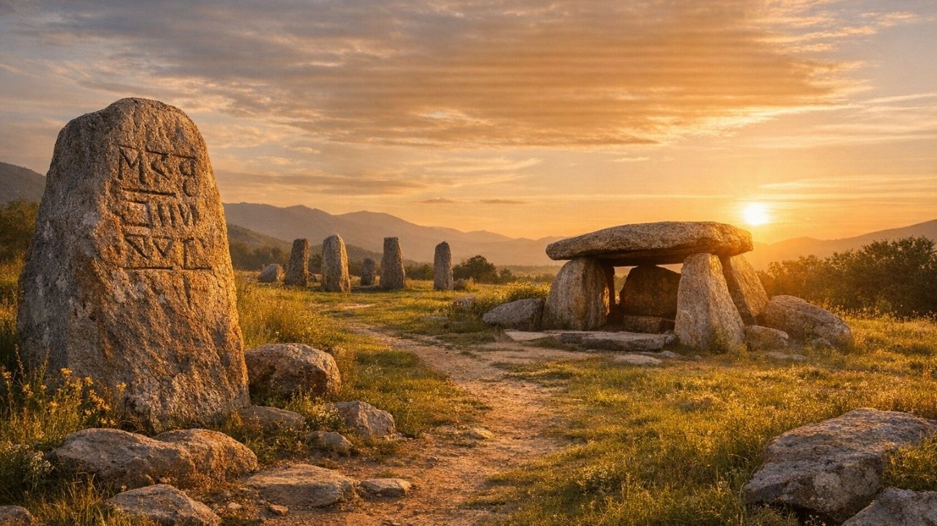 Концептуален пејзаж со древни камени споменици и сончева светлина како симбол на македонска цивилизациска трага