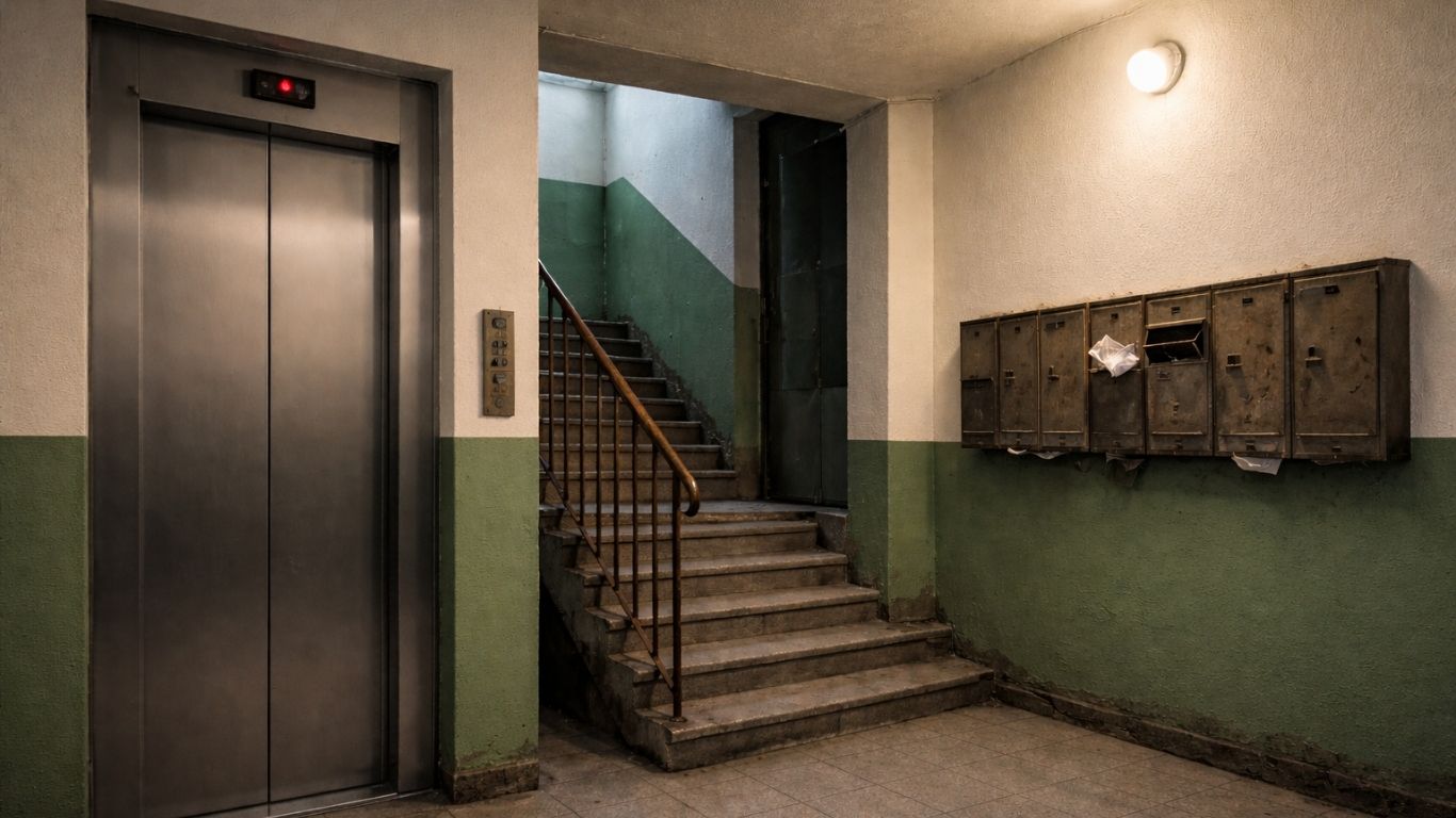 Реалистичен приказ на стар станбен влез, полуосветлен, со стар лифт и видлива запуштеност, без луѓе, без текст, атмосфера на тивка опасност и занемарување.