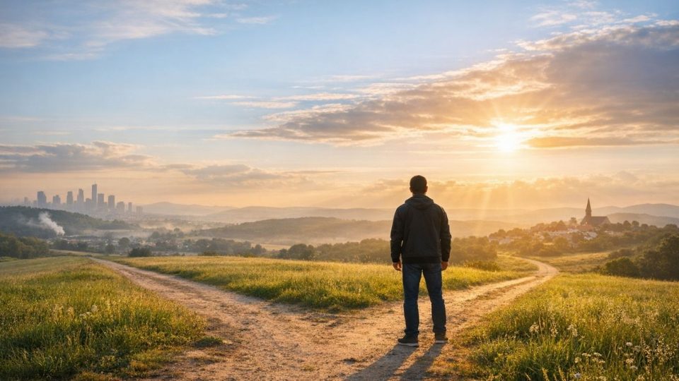 Човек на раскрсница меѓу град и заедница како симбол на внатрешен избор и промена на животните норми