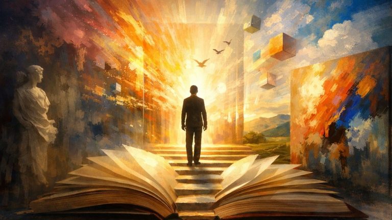 Концептуална уметничка сцена со светлина и човечка силуета што симболизира образование и висока уметност