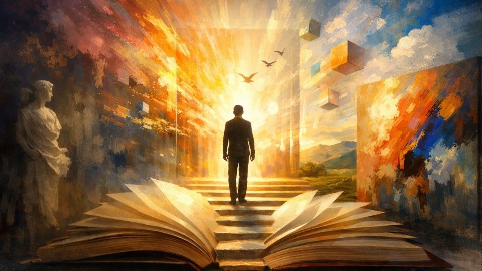 Концептуална уметничка сцена со светлина и човечка силуета што симболизира образование и висока уметност