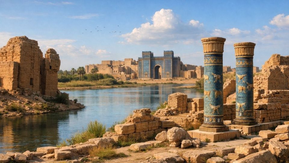 Поглед кон древниот Вавилон покрај Еуфрат со урнатини, порта и светла небесна атмосфера