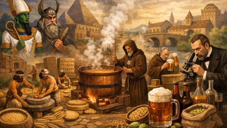 Илустрација на историјата на пивото од античко време до современо производство