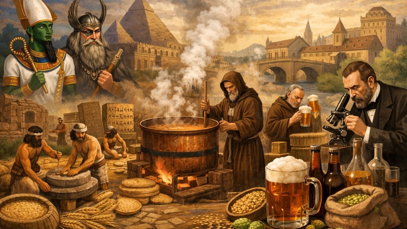 Илустрација на историјата на пивото од античко време до современо производство