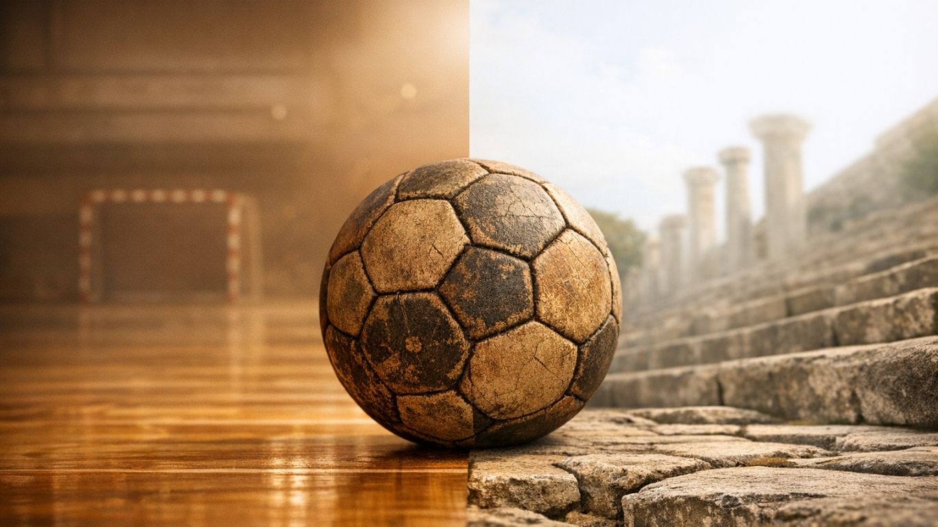 Историски развој на ракометот симболично прикажан со стара ракометна топка меѓу минато и современа сала