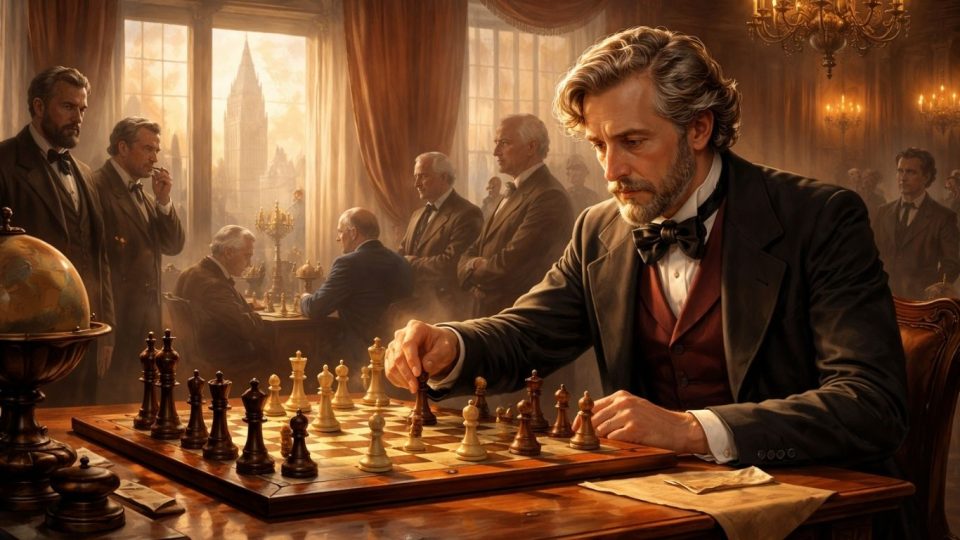 Концептуална илустрација за раната историја на шахот и Адолф Андерсен во 19 век