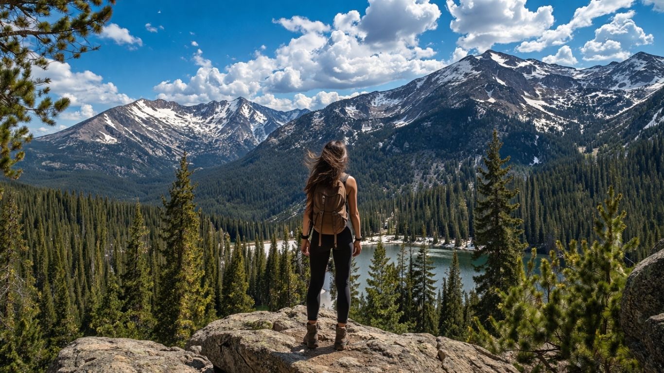 Панорамски поглед на Rocky Mountain National Park со планинска ливада, алпски врвови, езеро и пат што се искачува низ височините