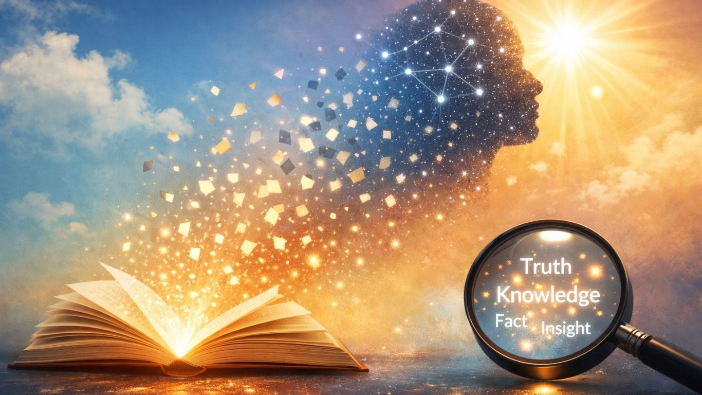 Концептуална илустрација на книга што се претвора во светлина како симбол на премин од информација кон знаење