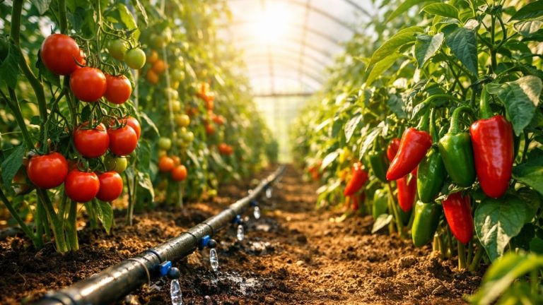 Концептуална слика од домати и пиперки во пластеник со систем капка по капка и сончева светлина