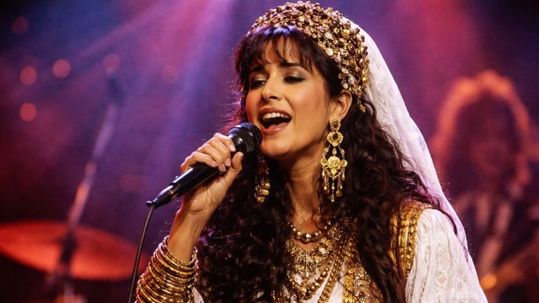 Офра Хаза на сцена за време на концерт, симбол на ориенталната израелска музика