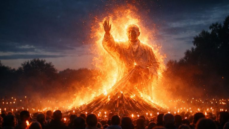 Концептуална огнена силуета што асоцира на духовна фигура во пламен за време на церемонија во Полска