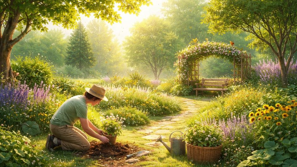 Светла концептуална градина со хармонија меѓу човек и природа, симбол на внимателно садење