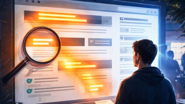 Концептуална илустрација на F-pattern читање на веб страница со нагласени наслови и линкови