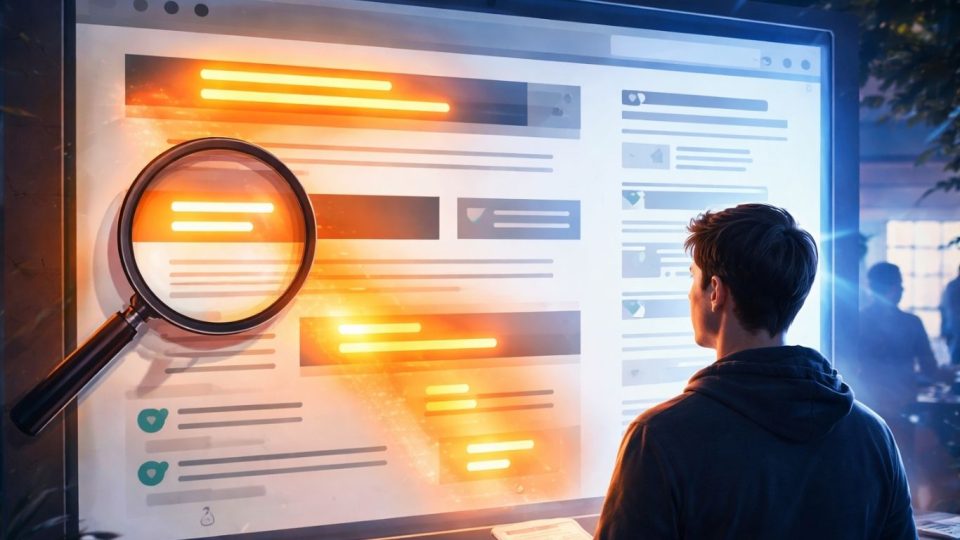Концептуална илустрација на F-pattern читање на веб страница со нагласени наслови и линкови