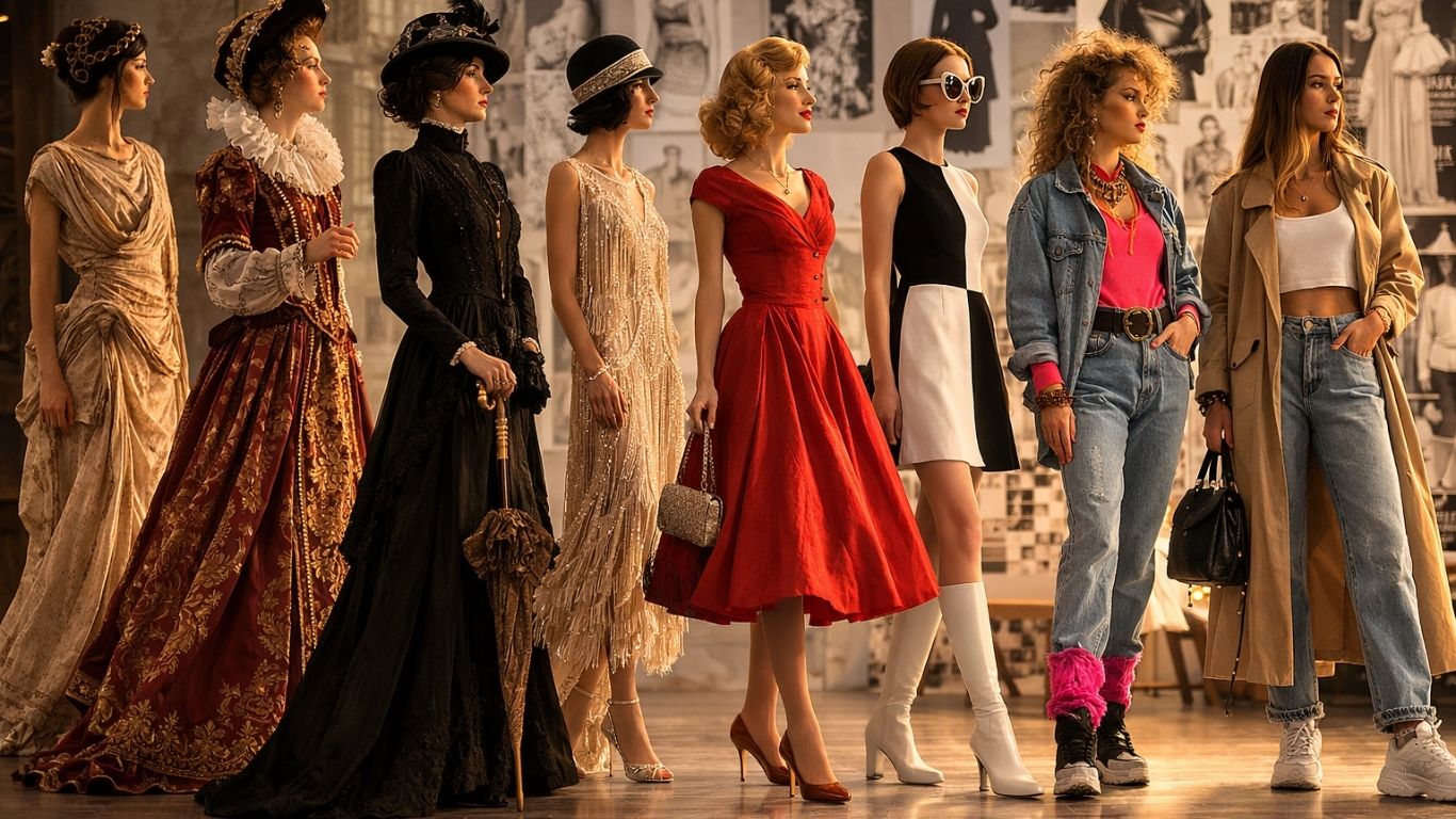 концептуална илустрација на еволуцијата на модата низ историјата