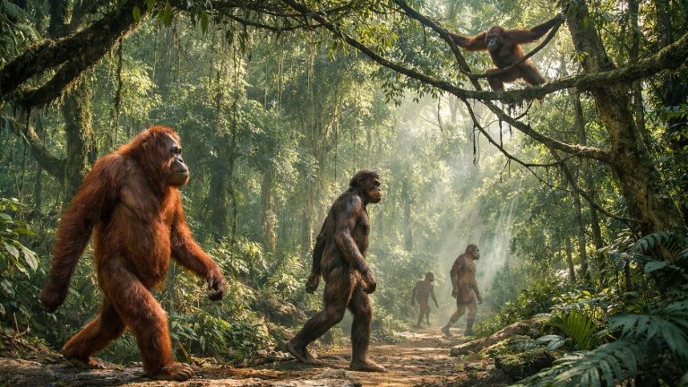 Орангутан што се движи исправено меѓу гранките во тропска шума