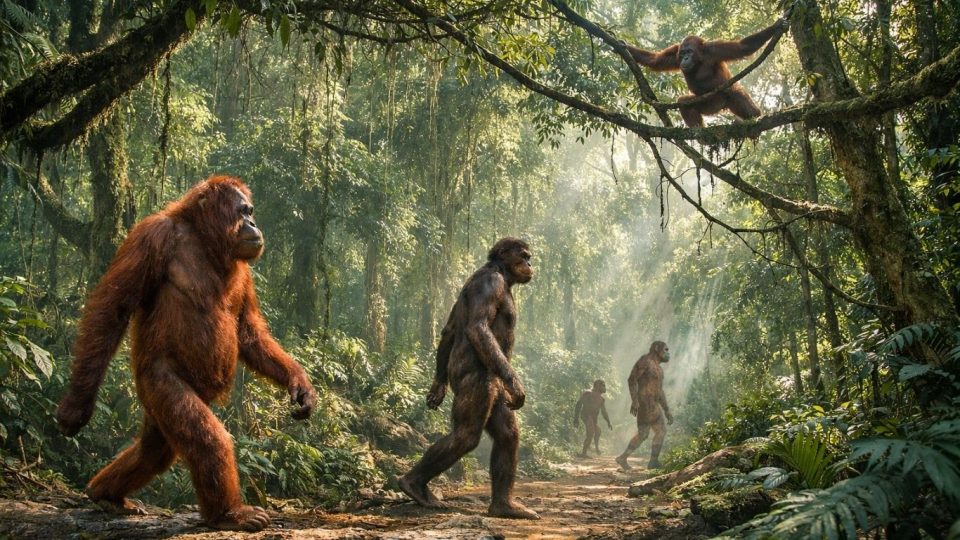 Орангутан што се движи исправено меѓу гранките во тропска шума