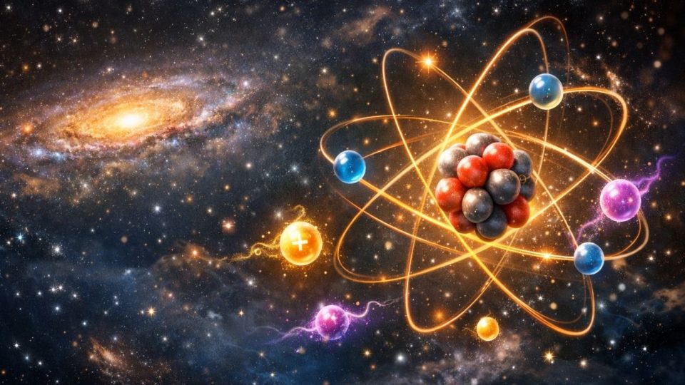 Концептуална илустрација на рана галаксија и субатомски честички во космички простор