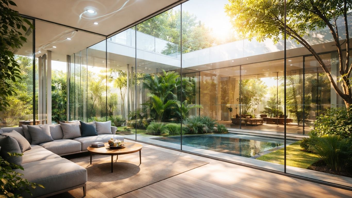 Концептуална модерна паметна куќа со стаклена фасада и природна светлина