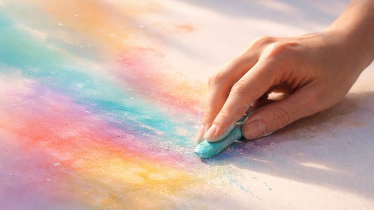 Концептуална пастелна текстура со рака што нанесува сув пигмент во светли бои