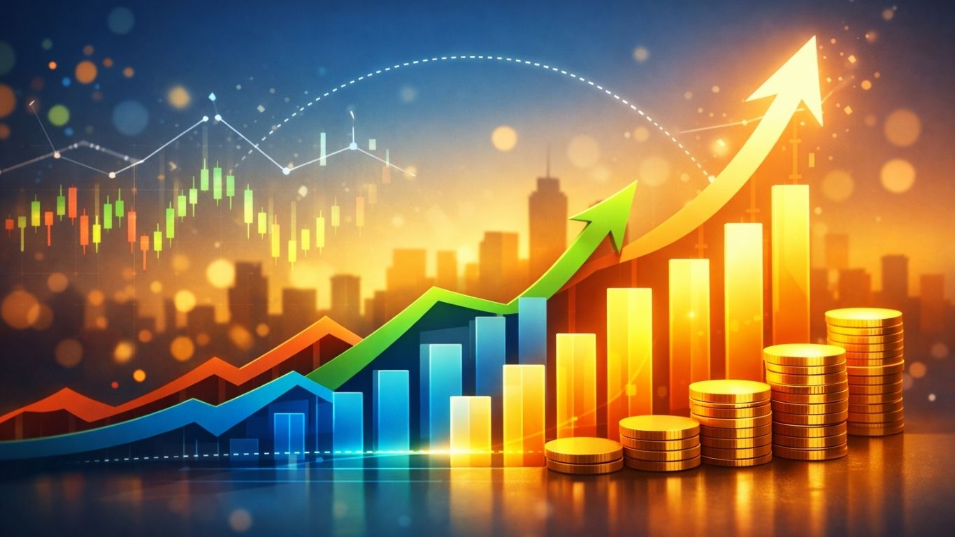 Концептуелна визуелизација на пазар на капитал со симболичен раст и светли бои