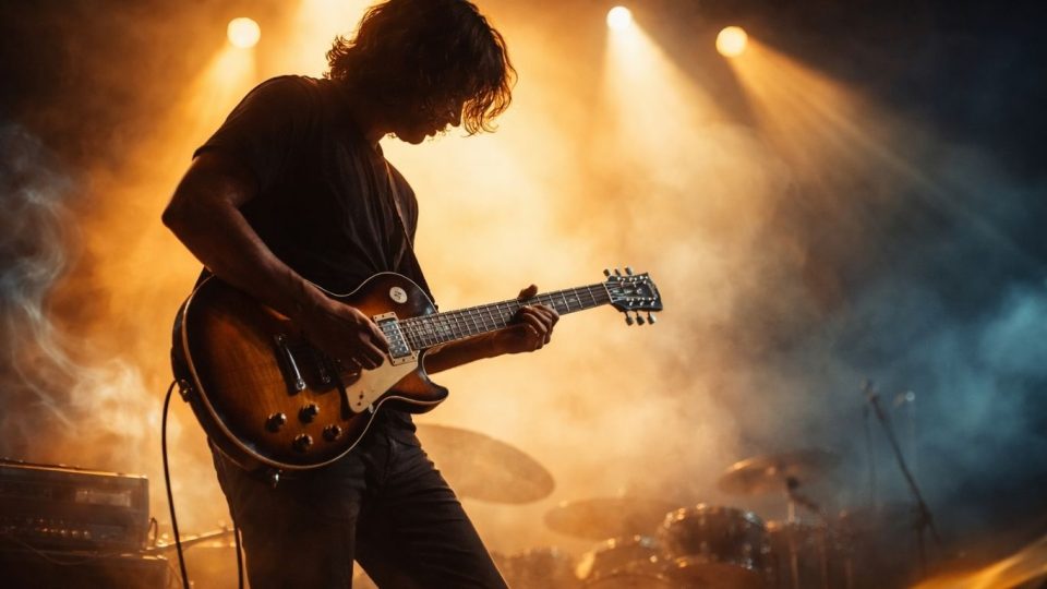 Концептуална сцена со гитарист во светлина што симболизира блуз и внатрешна борба