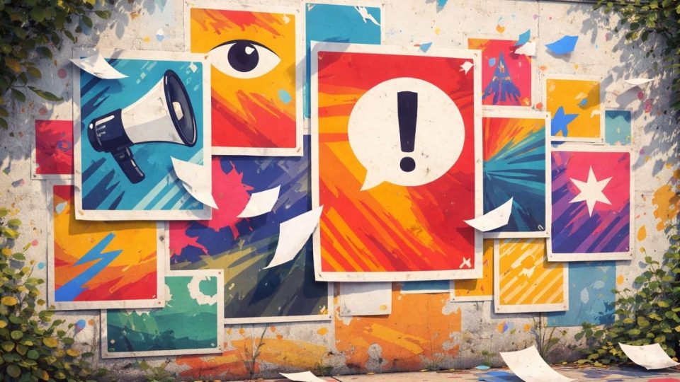 концептуална уметничка илустрација на плакати на ѕид што симболизираат јавна порака