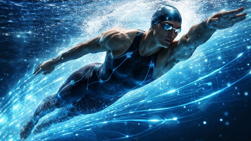 Концептуална илустрација на пливач кој се спојува со футуристички технолошки бран во вода