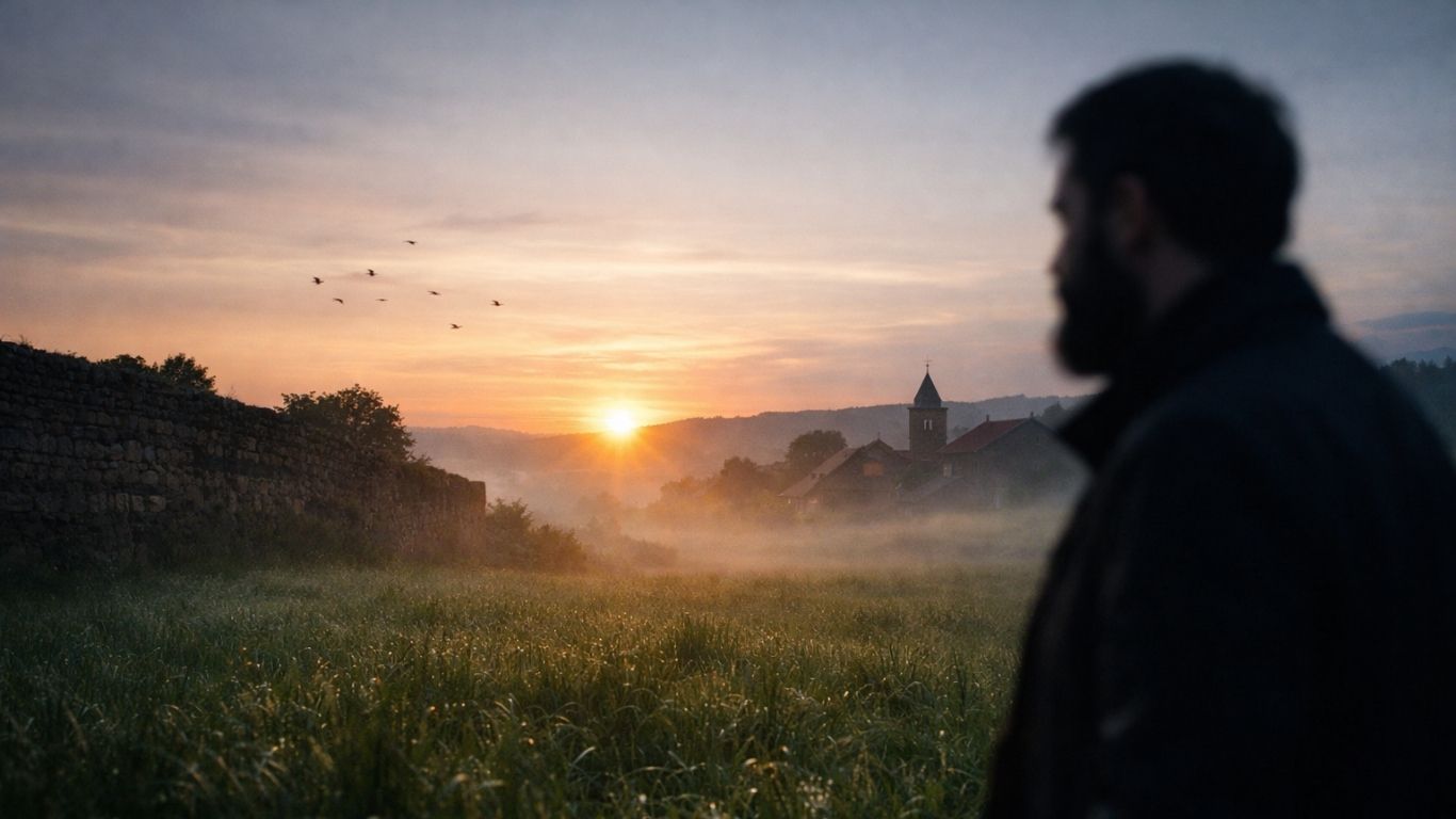 Брадосан човек крај стар дувар во утринска светлина - симболична сцена за заборавени македонски зборови