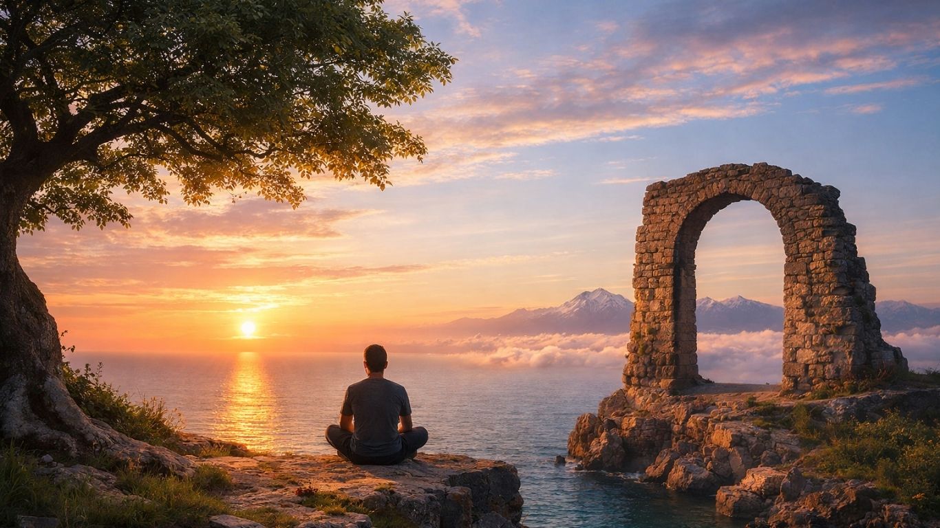 Концептуална реалистична сцена за човек меѓу бескраен хоризонт и чувство на бесмртност