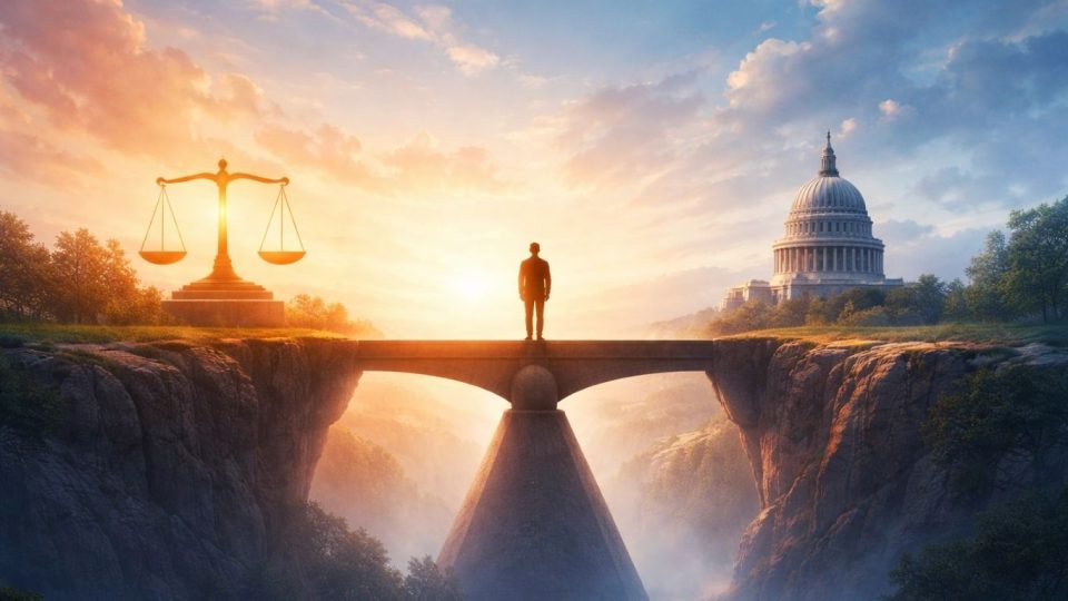 концептуална сцена што симболизира баланс помеѓу етика и политика