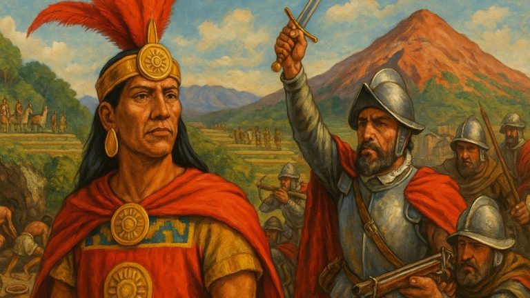 Еве alt tag што е најсоодветен и SEO-оптимизиран за темата: **alt:** „Последниот цар на Инките Атахуалпа и шпанските конквистадори – историска сцена од падот на Инка империјата“