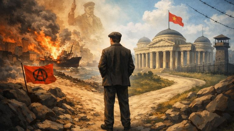 Концептуална илустрација што ја симболизира судбината на Павел Шатев – гемиџија меѓу револуција и држава