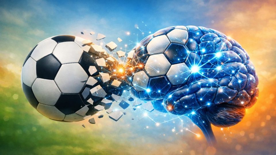 Концептуална илустрација на фудбалска топка што се трансформира во мозок како симбол на влијанието од удари со глава