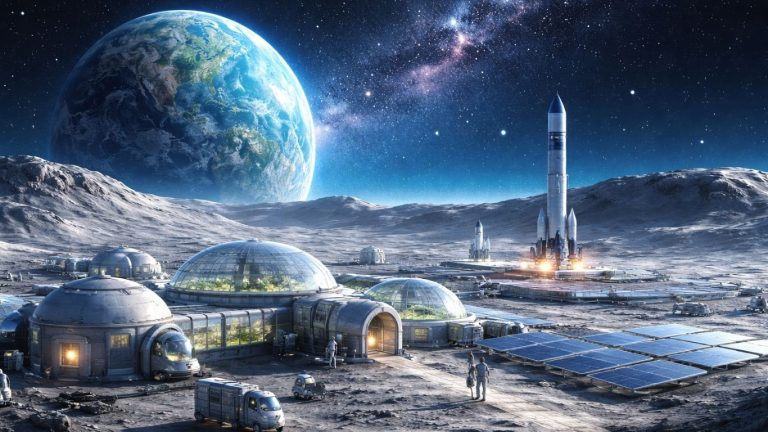 Концептуална илустрација на светла лунарна база со Земјата на хоризонтот во свежи бои