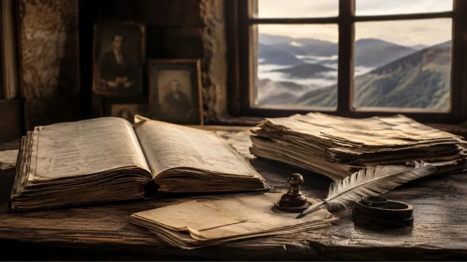 Симболична сцена со стари семејни книги, сенки на предци и пат низ македонски предел, без текст