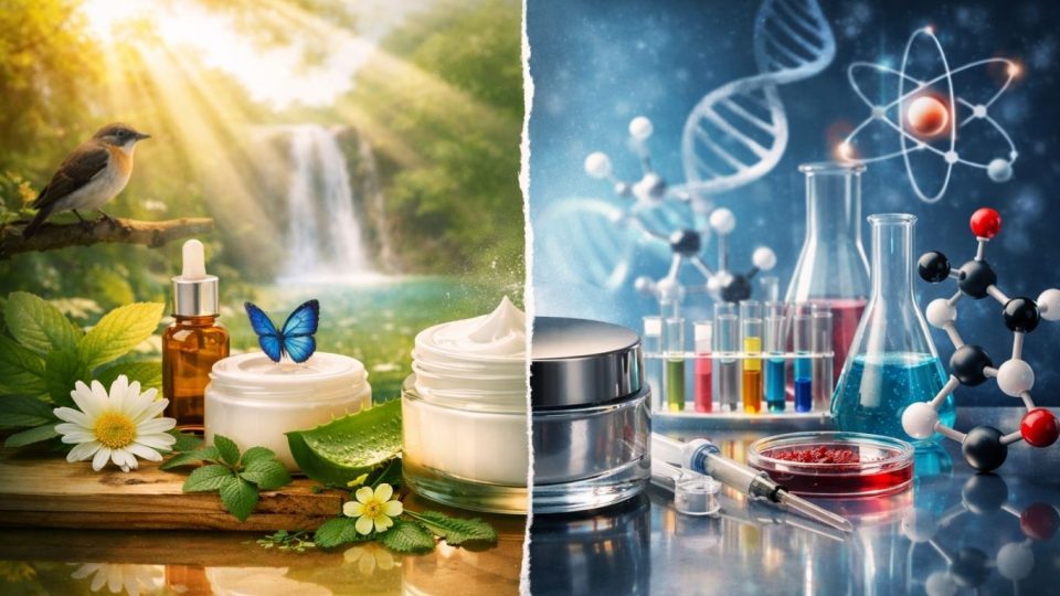 Концептуална илустрација за природна козметика и наука